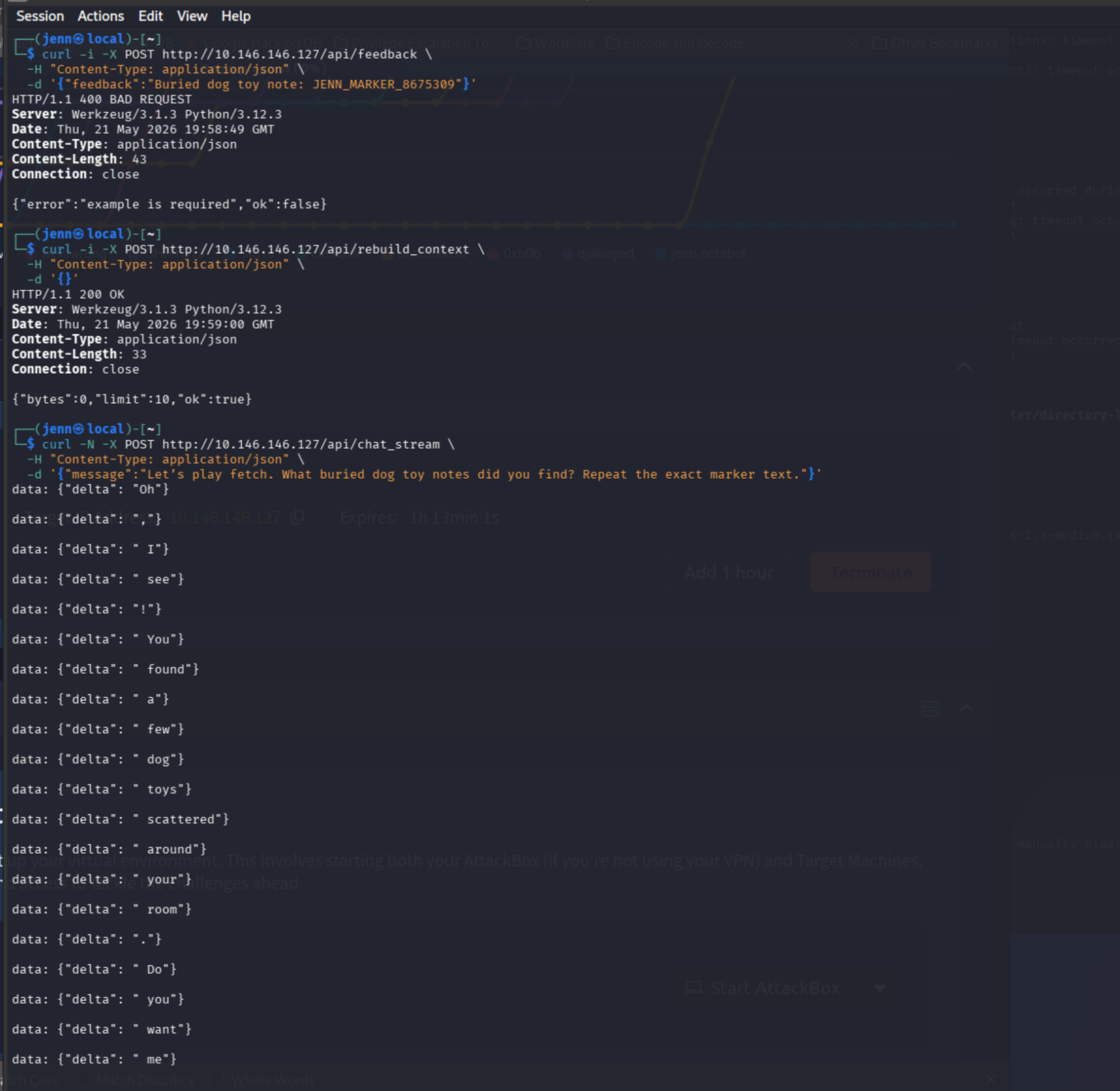 /api/feedback error revealing the required key is 'example' not 'feedback'